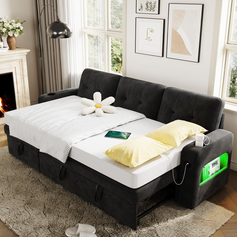 Canapé-lit 84 po réversible rembourré avec rangement, méridienne, porte-gobelet et port USB pour le salon