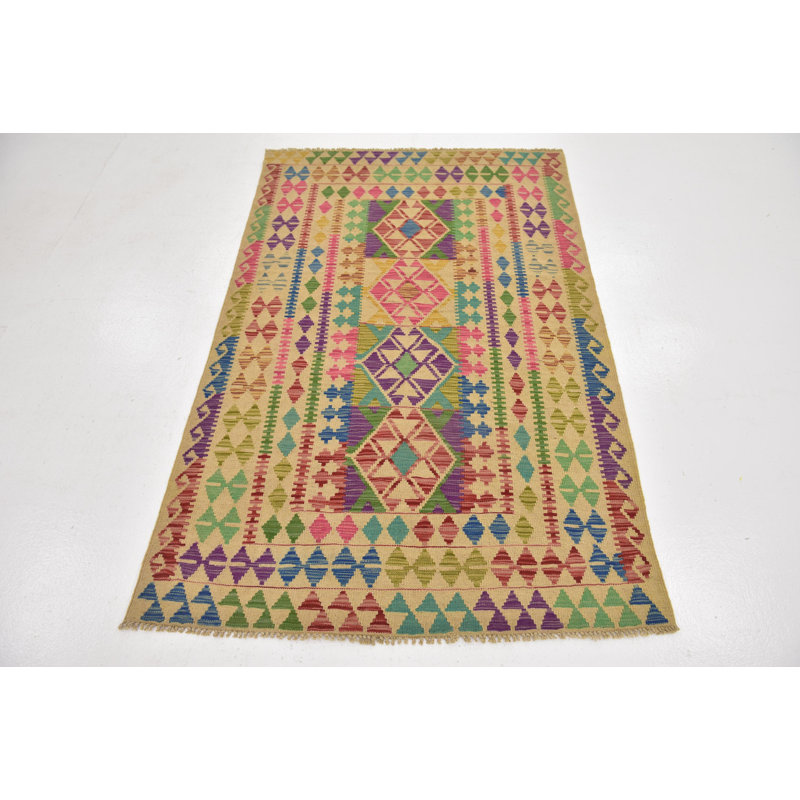 Tapis de zone en laine beige/rose 3 pi 10 po x 6 po one-of-kind à la main noué la Lorain