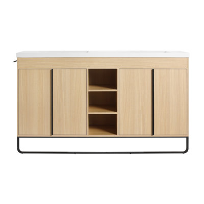 Meuble-lavabo autoportant avec double lavabo, porte à fermeture douce et support de rangement ouvert