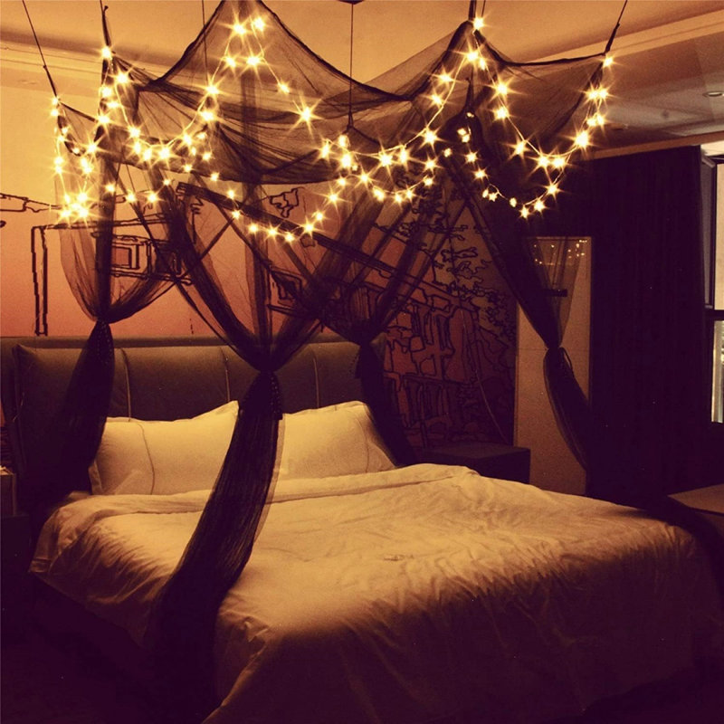8 Corner Bed Canopy With 100 LED String Lights (Black) 200 X 250Cm