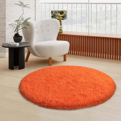 Orange Round Shag Rug Non-Slip Long-Pile Round Rug 3 ft Silk-Blend Rug Round Shag Rug Perfect for Teen Rooms Ideal for Bedrooms Great for Living Rooms Antibacterial Durable Material