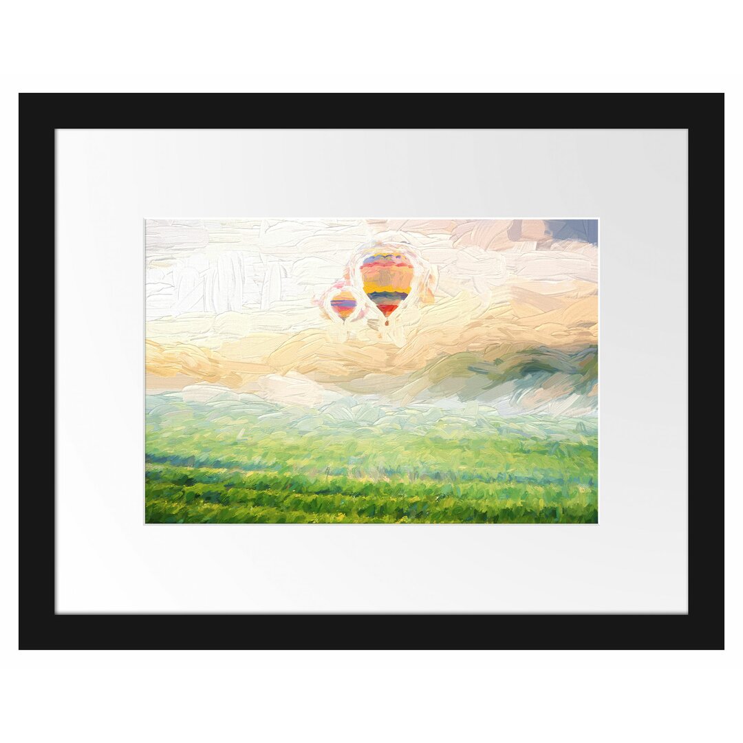 Gerahmtes Papierbild Heißluftballon Landschaft