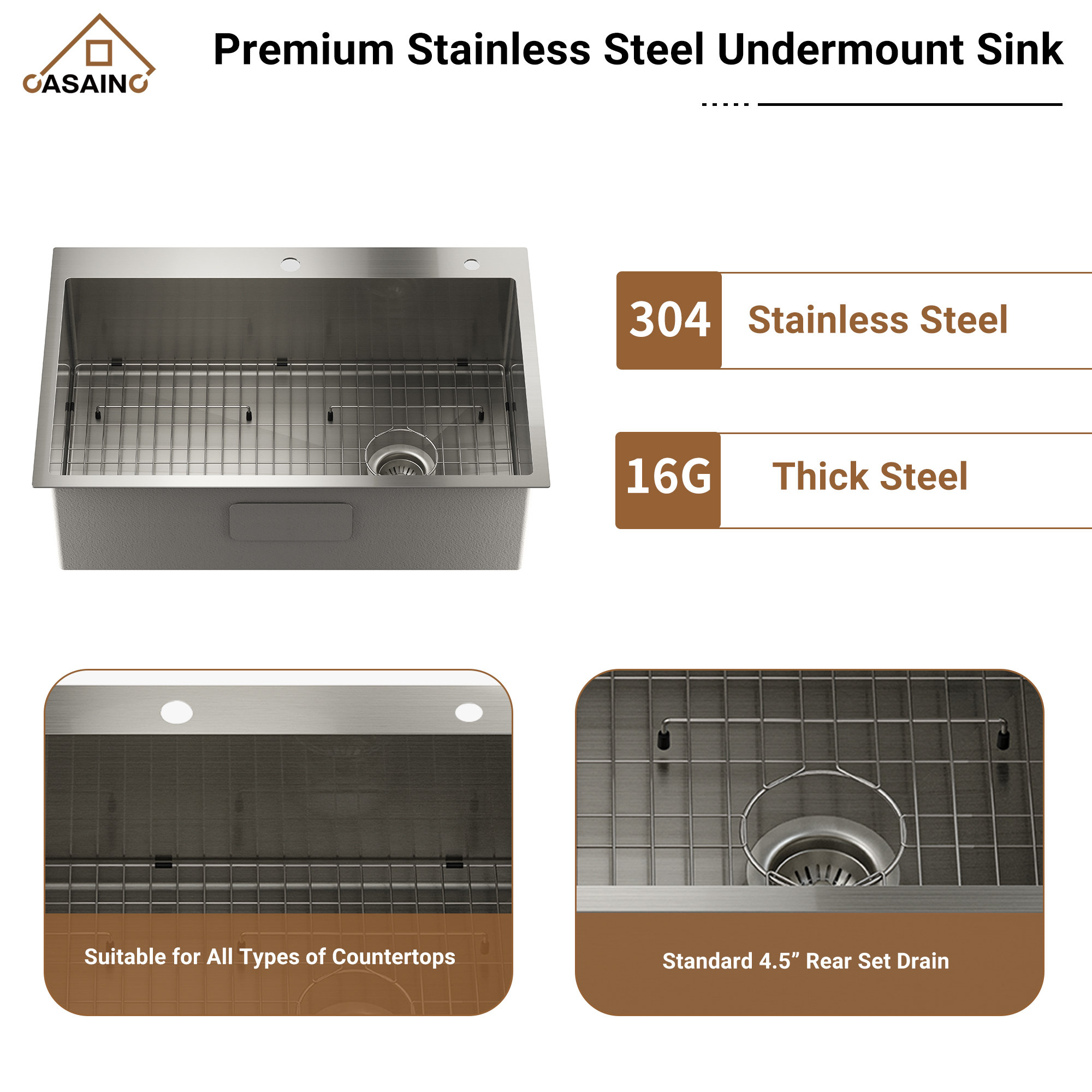 CASAINC 32 in. Undermount Double Bowl 18 Gauge Brushed Stainless Steel Kitchen Sink with Bottom Grid and Basket Strainer