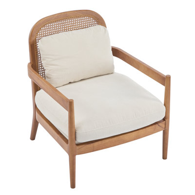 Chaise d'appoint 26,6 po Mid-Century moderne avec structure en noyer et coussin beige à rayures douces pour le coin lecture