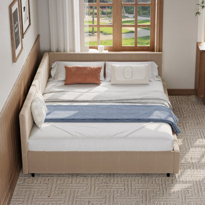 Reversible L-Shape Upholstered Platform Bed With Velvet Fabric Design
