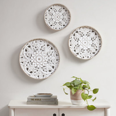 Floral Wall Decor - 3 Distressed White Wood , Natural+White, 13.75", 11.75", 9.75" , Indoor, Vintage Inspired, Sawtooth Hanger Natural Frame, Indoor Use, Classic Style