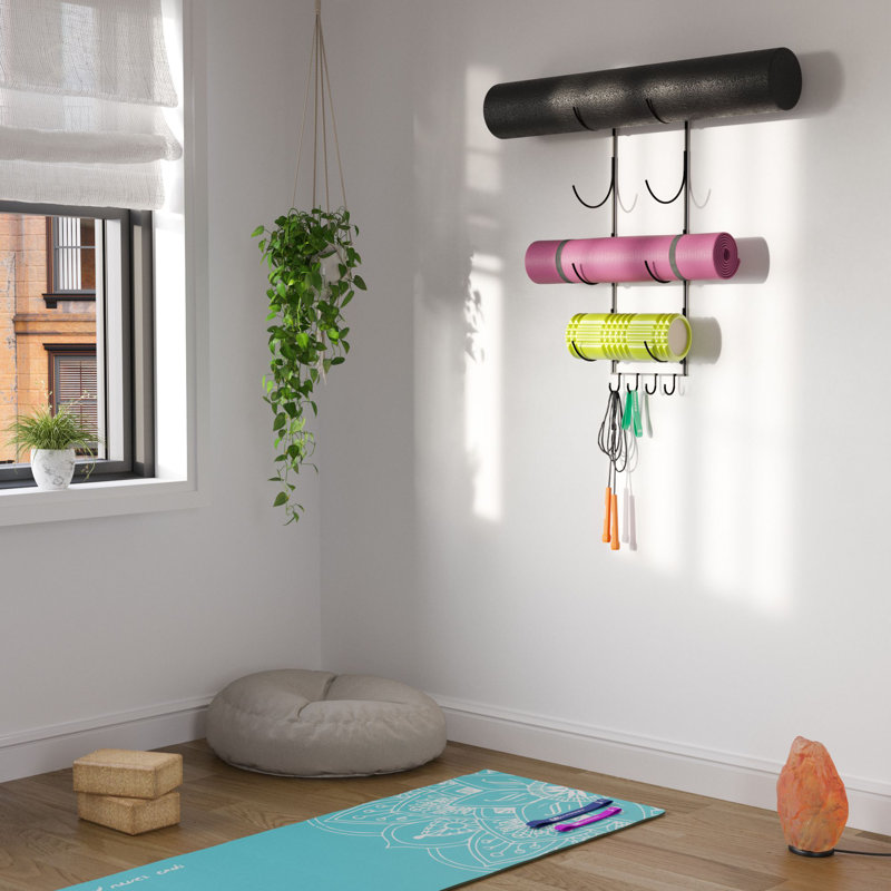 Black Metal Wall Mounted Yoga Mat and Foam Roller Organizer