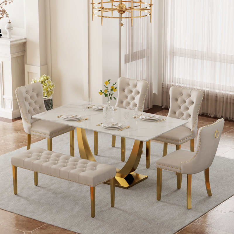 Ensemble de salle à manger rectangulaire avec banc, table de cuisine moderne de style Mid-Century et chaises capitonnées et banc de salle à manger de style luxueux Glass