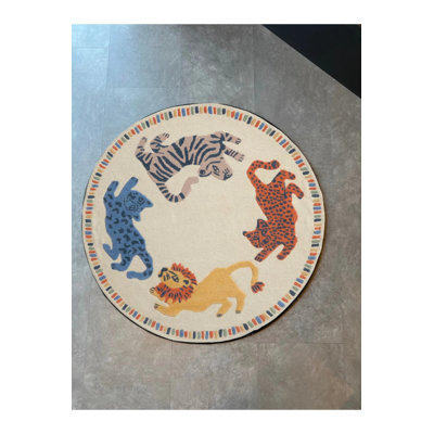 Safari Tiger Theme Beige Round Woven Base Carpet