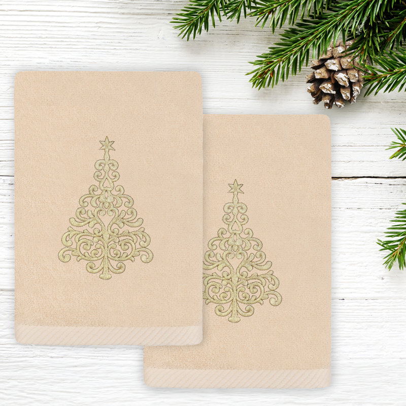 The Holiday Aisle® Christmas Gold Tree - Embroidered Luxury 100% Turkish Cotton Hand Towels (Set Of 2), Sand