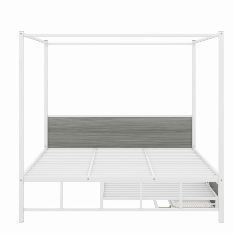 Emenie Queen Size Metal Canopy Platform Bed with Twin Size Trundle and 3 Drawers, White