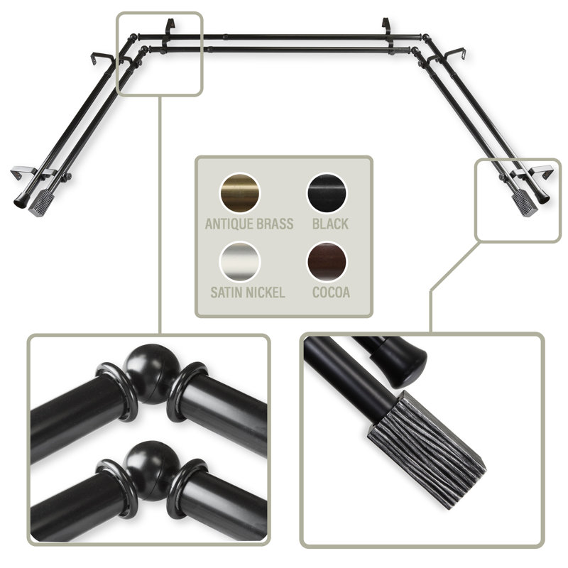 Tringle à rideaux double réglable pour fenêtre de baie de 0,81 à 38 po, Noir