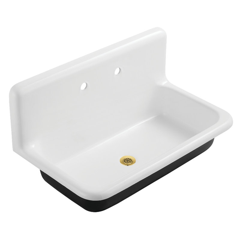 Kingston Petra Galley 36-Inch Cast Iron Single Bowl Wall Mount Utility Sink With Drain, Polished Brass/White
