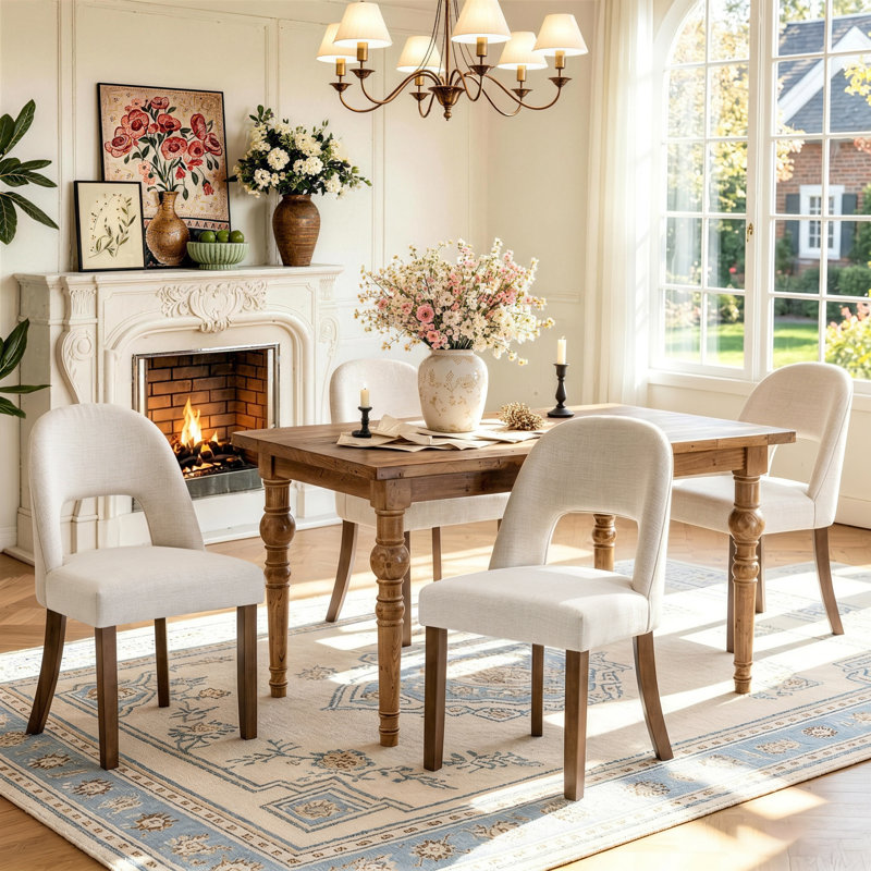 Chaises de salle à manger rembourrées en lin avec dossier haut incurvé et pieds en bois massif, Beige / bois, 4