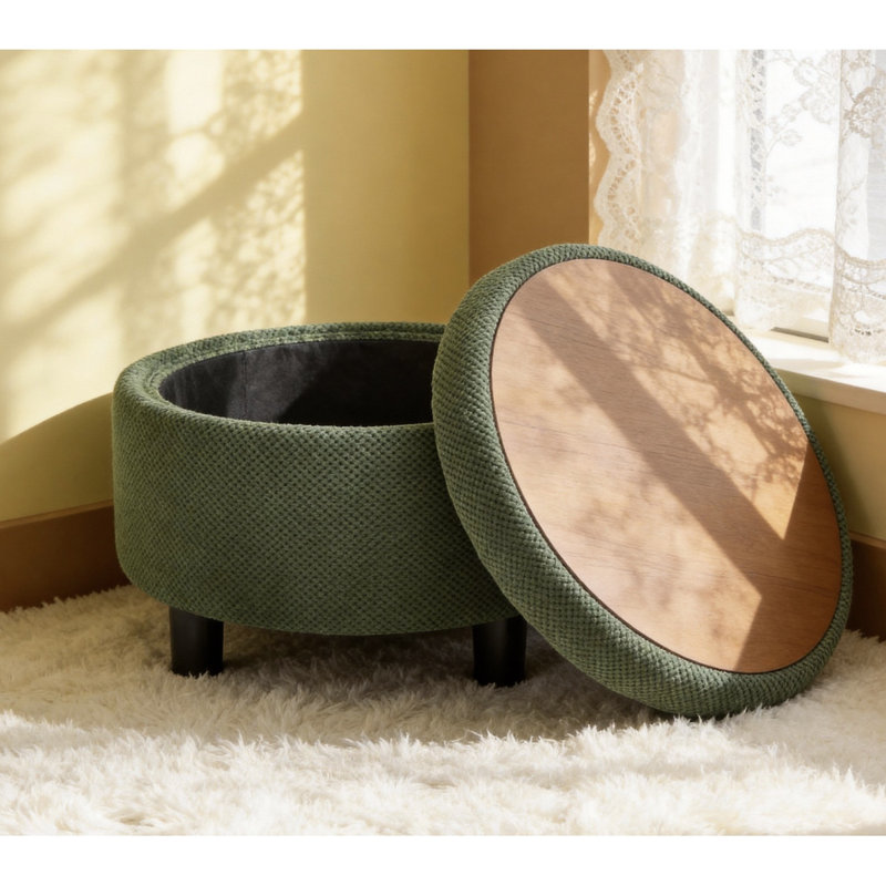 Repose-pieds rond avec rangement de 25 pouces avec plateau, table basse ronde en tissu touffeté moderne avec rangement, repose-pieds rembourré avec plateau amovible pour salon, chambre à coucher, vert foncé