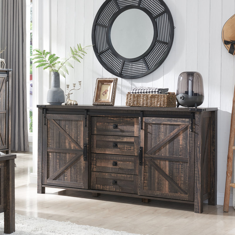 Texola 60" W Farmhouse Chest of Drawers, Wood Bedroom Dresser with 4 Drawers & Sliding Barn Doors, Dark Rustic Oak