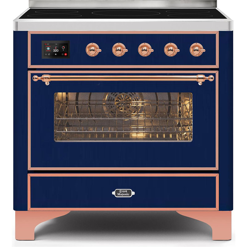 Cuisinière à induction 36 pouces avec 5 éléments à induction ILVE Majestic II Series (porte en verre), Bleu minuit / cuivre