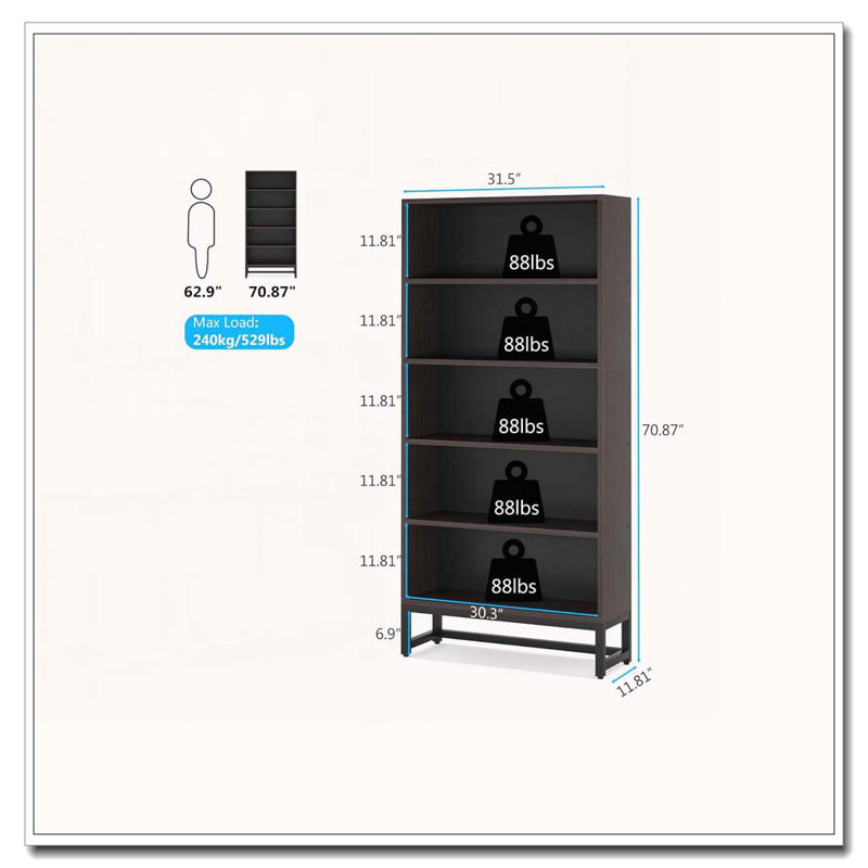 70.87" 5-Tier Sandalwood Heavy Duty Bookshelf Library Organizer For Living Room, Office