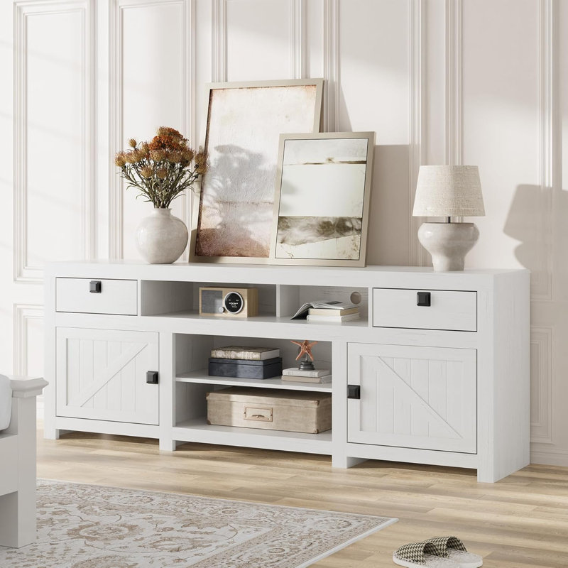 70'' Farmhouse TV Stand, Entertainment Center with 4 Storage Drawers & 3 Open Shelf, Television Consoles Stands, White