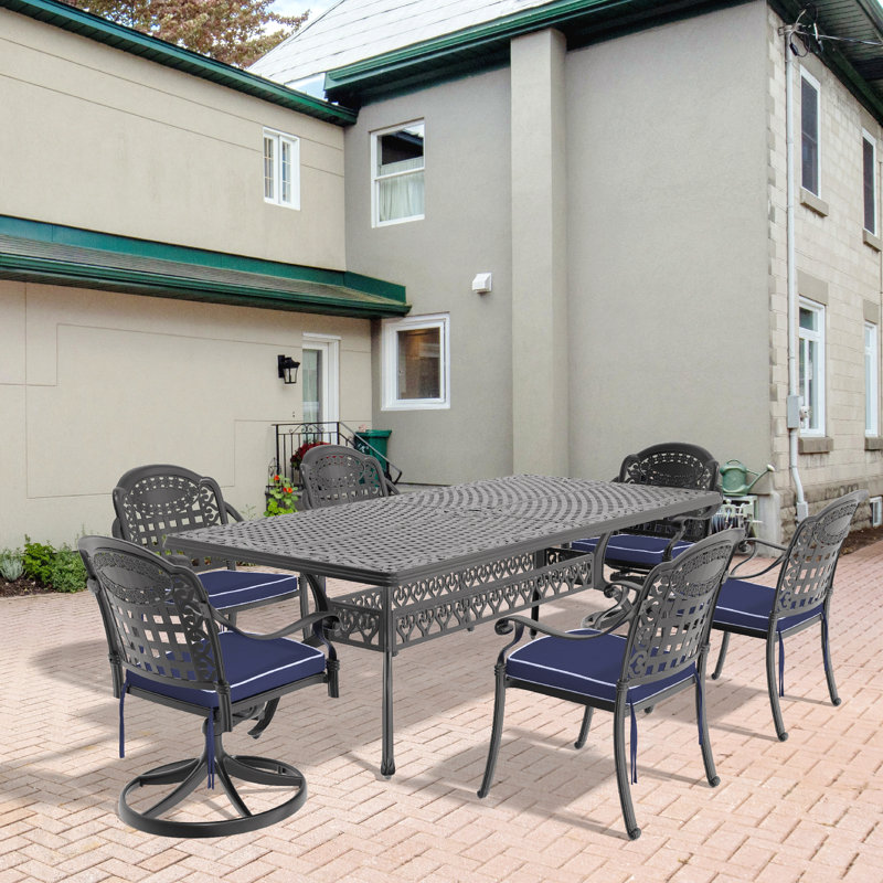Ensemble de salle à manger 7 pièces en fonte d'aluminium toutes saisons comprenant 2 chaises pivotantes, 6 chaises et une table rectangulaire avec cadre noir