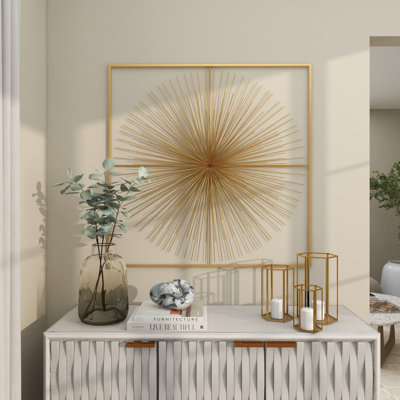 Metal Handmade Large 3D Starburst Gold Wall Decor with Square Frame
