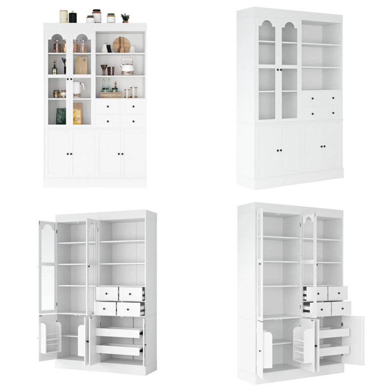 75" Tall Blue Freestanding Buffet with Hutch, Kitchen Pantry Cabinet with 4 Drawers, Door Shelves & Pull-out Trays, White