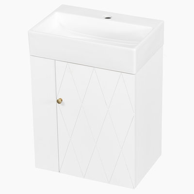 Meuble-lavabo moderne avec lavabo en céramique, porte à motif de losanges, poignée dorée, tablettes de rangement latérales et barre à serviettes pour les petits espaces