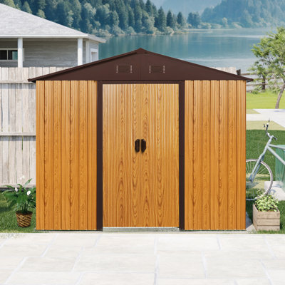 Remise de rangement en métal 8 pi x 4 pi pour la cour - Café. Avec base. Livré avec serrure, les gants et les accessoires facilitent les ouvertures d'aération extérieures de 8 pi x 4 pi. Possède une porte verrouillable, une base de sécurité pour fenêtre