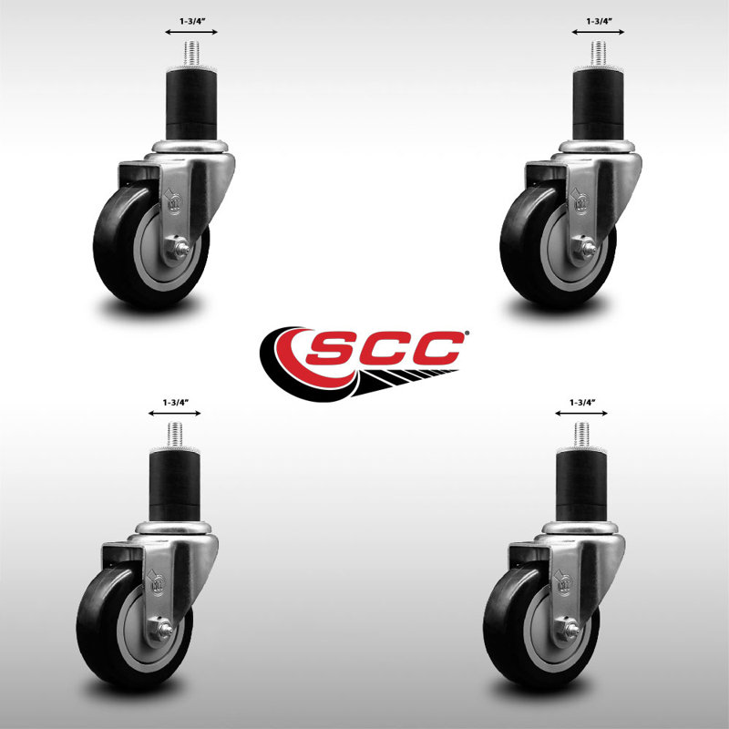 3.5 Inch SS Black Poly Wheel Swivel 1-3/4 Inch Expanding Stem Caster Set SCC, Black