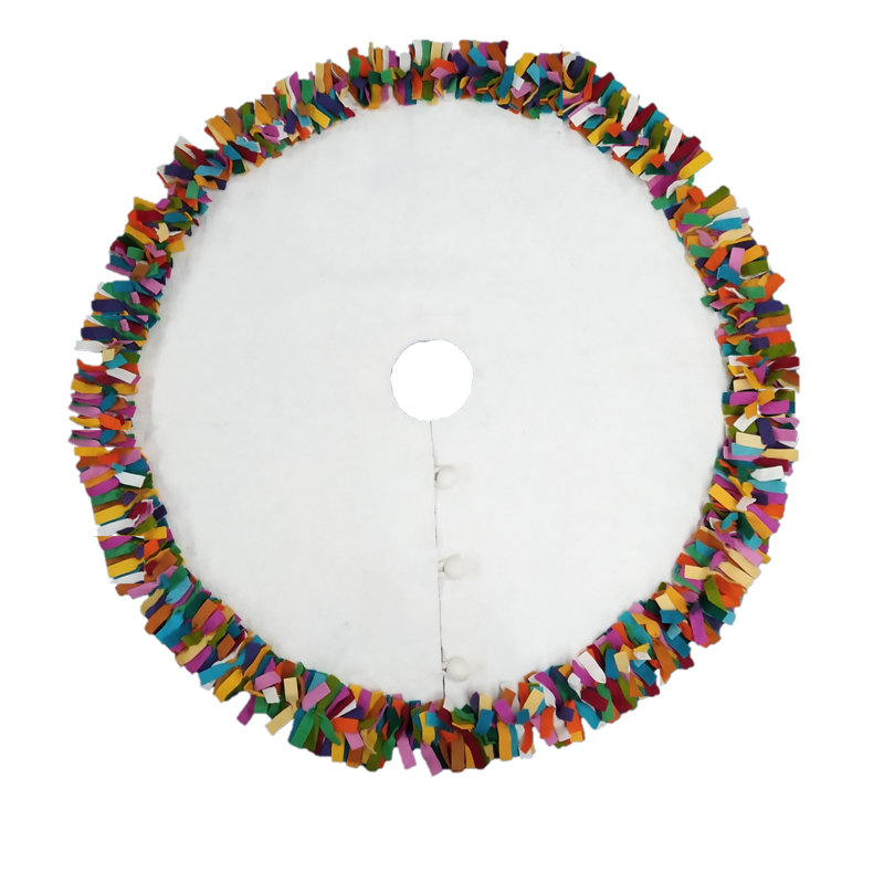 Handmade Felt Christmas Tree Skirt - Multicolor Fringe Border on Cream - 48", Cream , 51" W