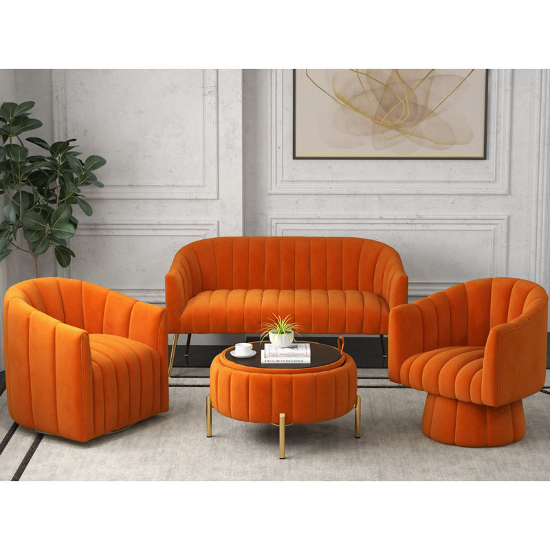Ingimoth 4 Piece Velvet Living Room Set, Orange Velvet