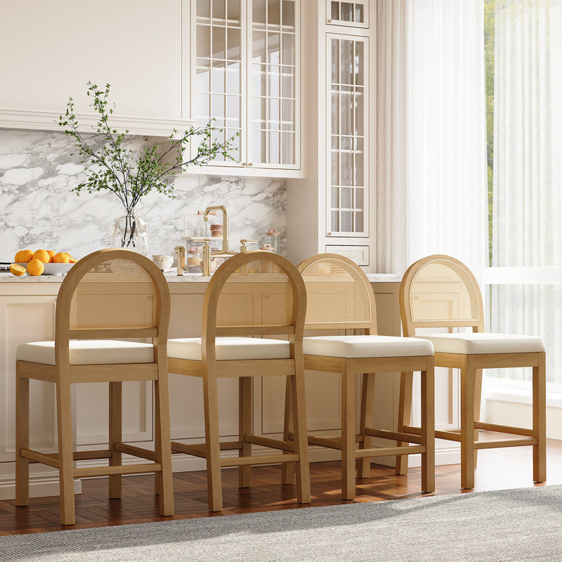 Wooden Bar Stools Set Of 4 With Natural Rattan Back, White/Velvet