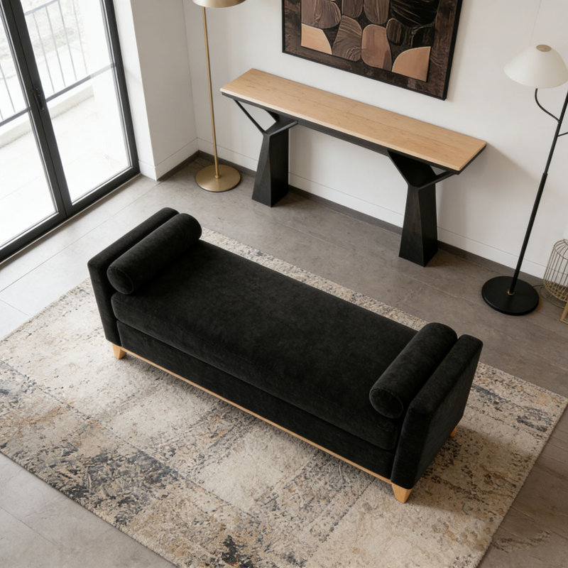 Banc rembourré en bois massif, 66,34 pouces, Noir + Naturel