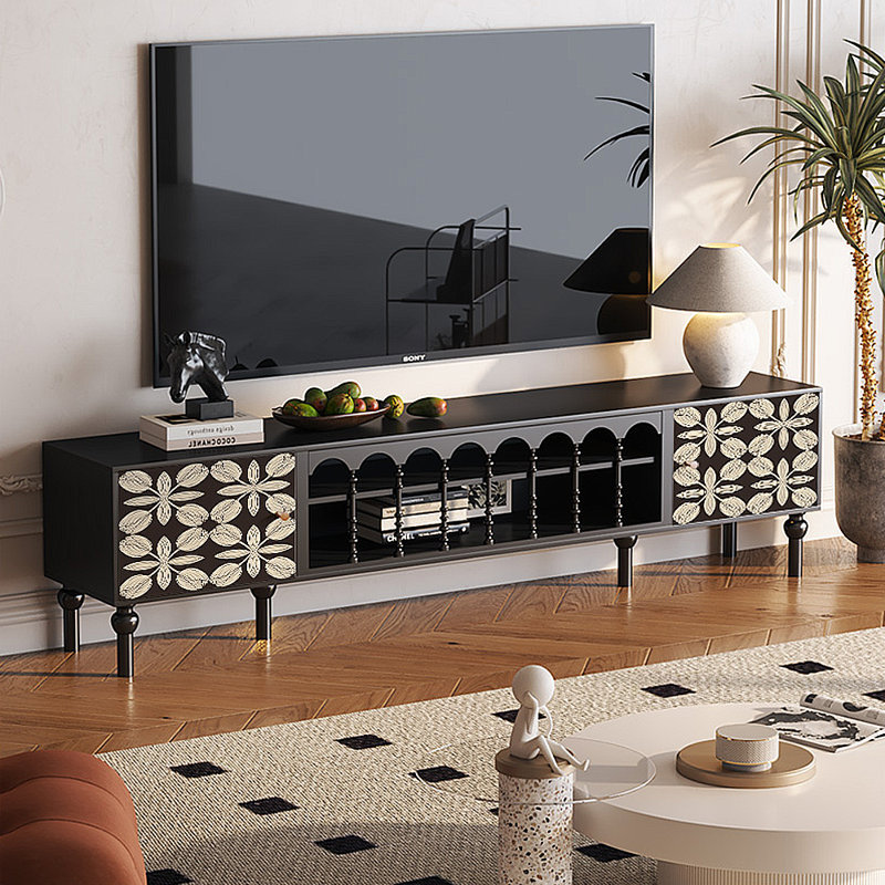 Meuble télé avec rangement peint français rétro, H 21,26 po x L 86,61 po x l 15,75 po, Noir
