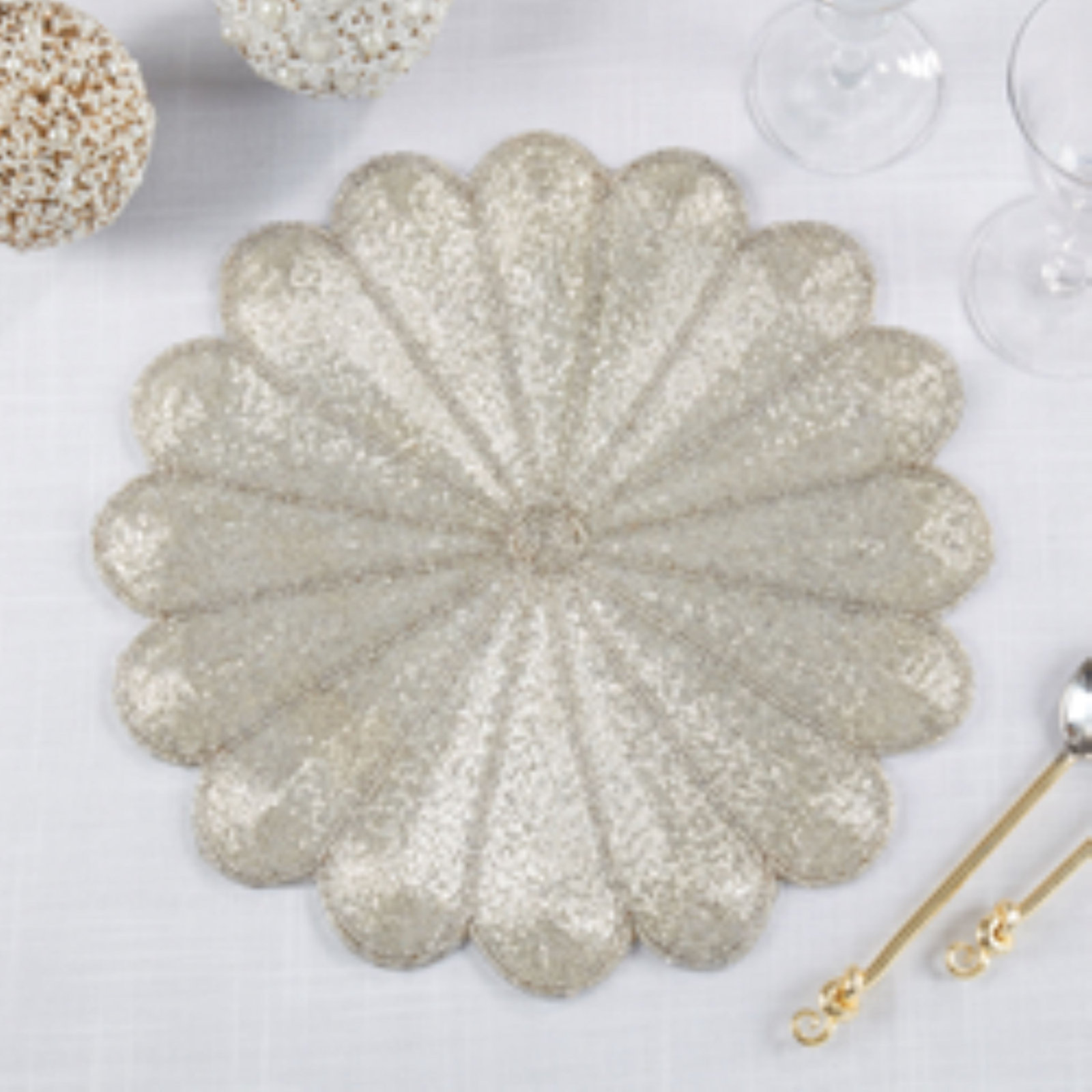Kaeto Flower Design Beaded 15" Glass Placemat, Silver