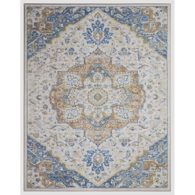 Lyanne Washable Non-Slip Medallion Blue Area Rug, Rectangle 7'10" x 10'