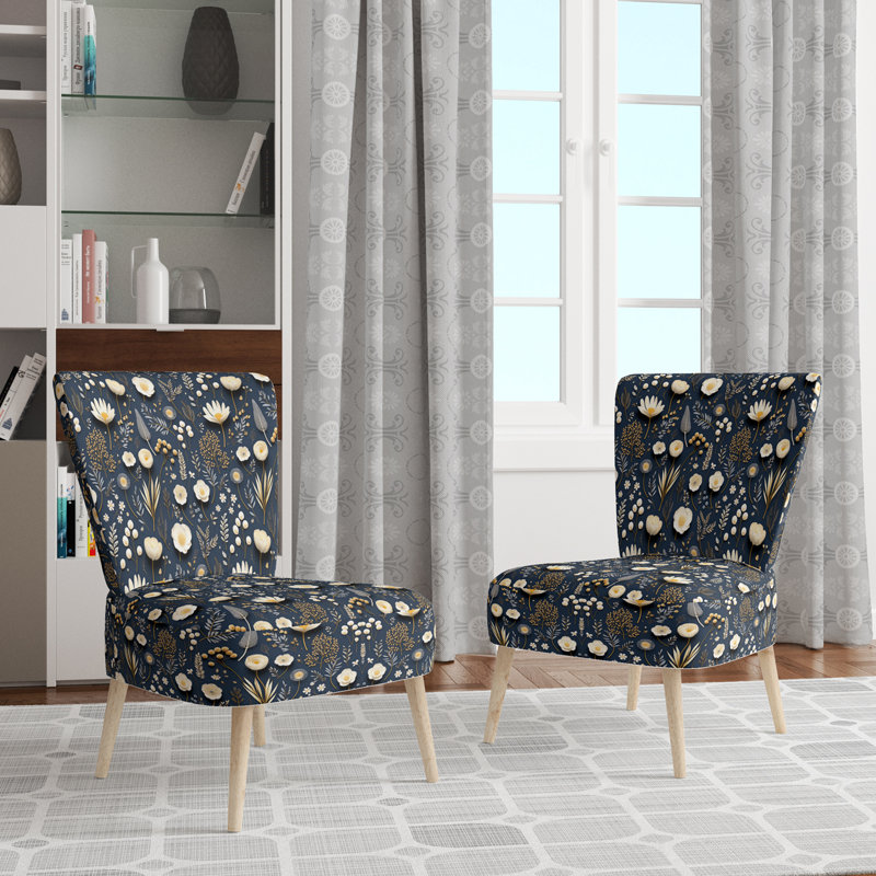 Blue and White Botanical Flowers - Chaise d'appoint rembourrée Farmhouse, chaise d'appoint blanche
