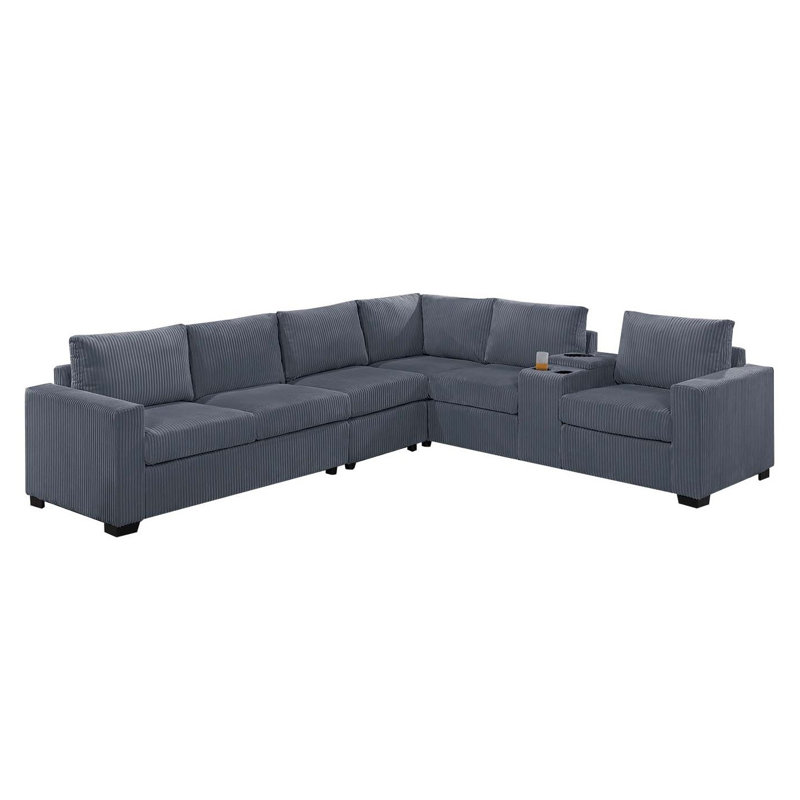 Wide-welt Corduroy Sectional Set With Console, Dark Gray Corduroy