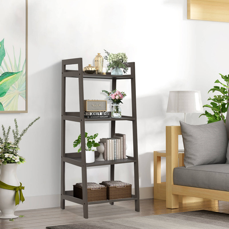 Wood Bookcase Ladder Bookshelf Shelving Unit, (4 Shelves) 40.4"H x 17"W x 13.5"D, Brown