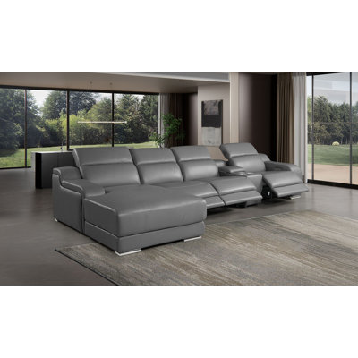 Canapé modulaire en forme de L 5 pièces en cuir italien fleur gris foncé avec 3 fauteuils inclinables électriques et accoudoirs réglables orientés vers la gauche
