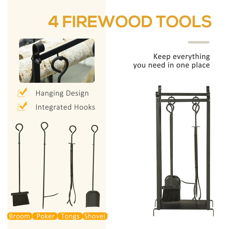 Black Steel Indoor/Outdoor Firewood Rack with Fireplace Tools
