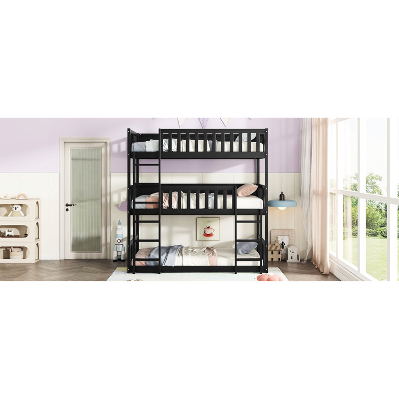 Lit superposé triple détachable en bois d'hévéa noir - pour une chambre spacieuse avec structure pour, Black
