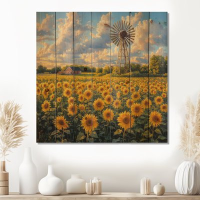 Sunflowers At The Windmill In Summer II - Sunflowers Wood Wall Decor - On Natural Pine Wood