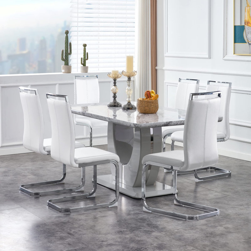 7 Piece - Marbled Dining Table Set, White/Silver