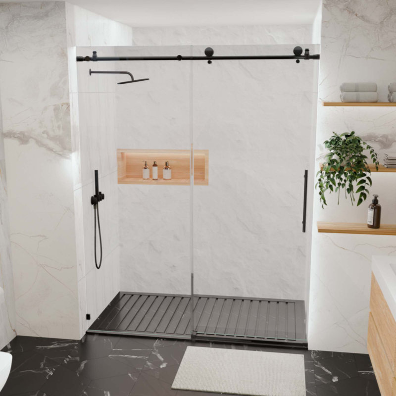 Porte de douche sans cadre, porte de douche coulissante, avec cabine de douche en verre trempé épais de 5/16 po (8 mm) de qualité supérieure avec tampon
