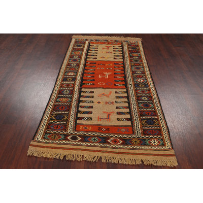 Tapis unique en laine noué à la main jaune / rouge / noir nouvel âge 3 pi 5 po x 6 pi 5 po