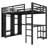 Loft Bed Frame with Built-in Wardrobe, Metal Loft Bed with Desk and Storage Shelves, Black-450435197