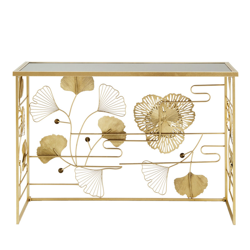 Lenssen Gold Finish Peony And Ginkgo Console Table With Mirror Top