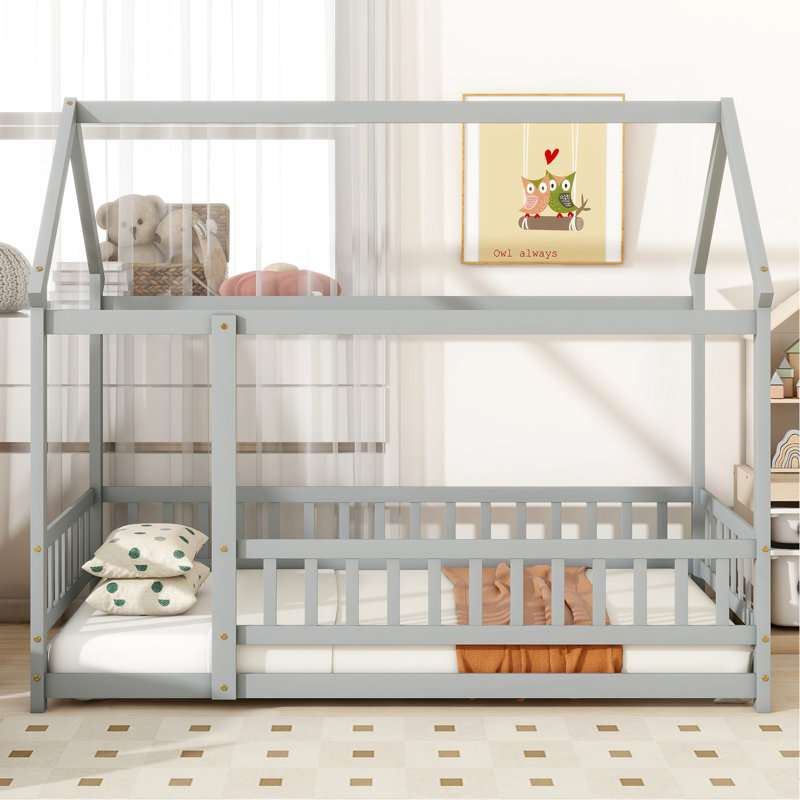 Lit en bois avec structure de toit et garde-corps de sécurité, Twin, Grey