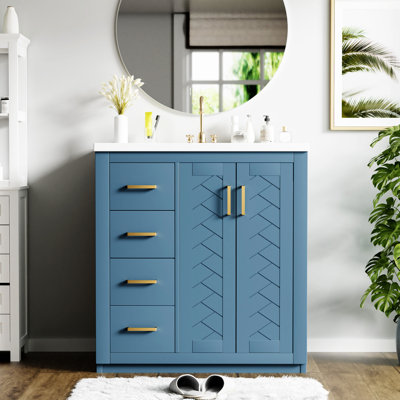Ensemble de meuble-lavabo 30 po avec lavabo en céramique, armoire de rangement en bois massif, ensemble de meuble-lavabo autoportant avec 3 tiroirs et portes à fermeture douce